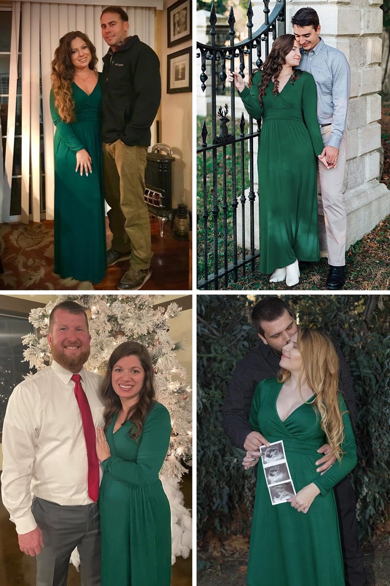 OUGES Womens Long Sleeve Green Dress V-Neck Wrap Waist Maxi Dress(Green,XL) - Image 2